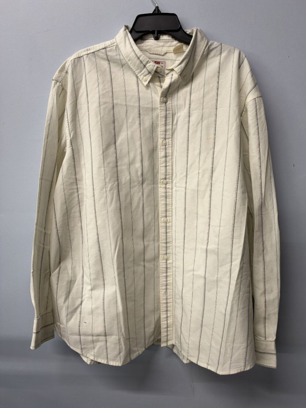 Levis Mens Relaxed Fit Beige & Navy Striped Button-Down Shirt 2XL Long Sleeve Co